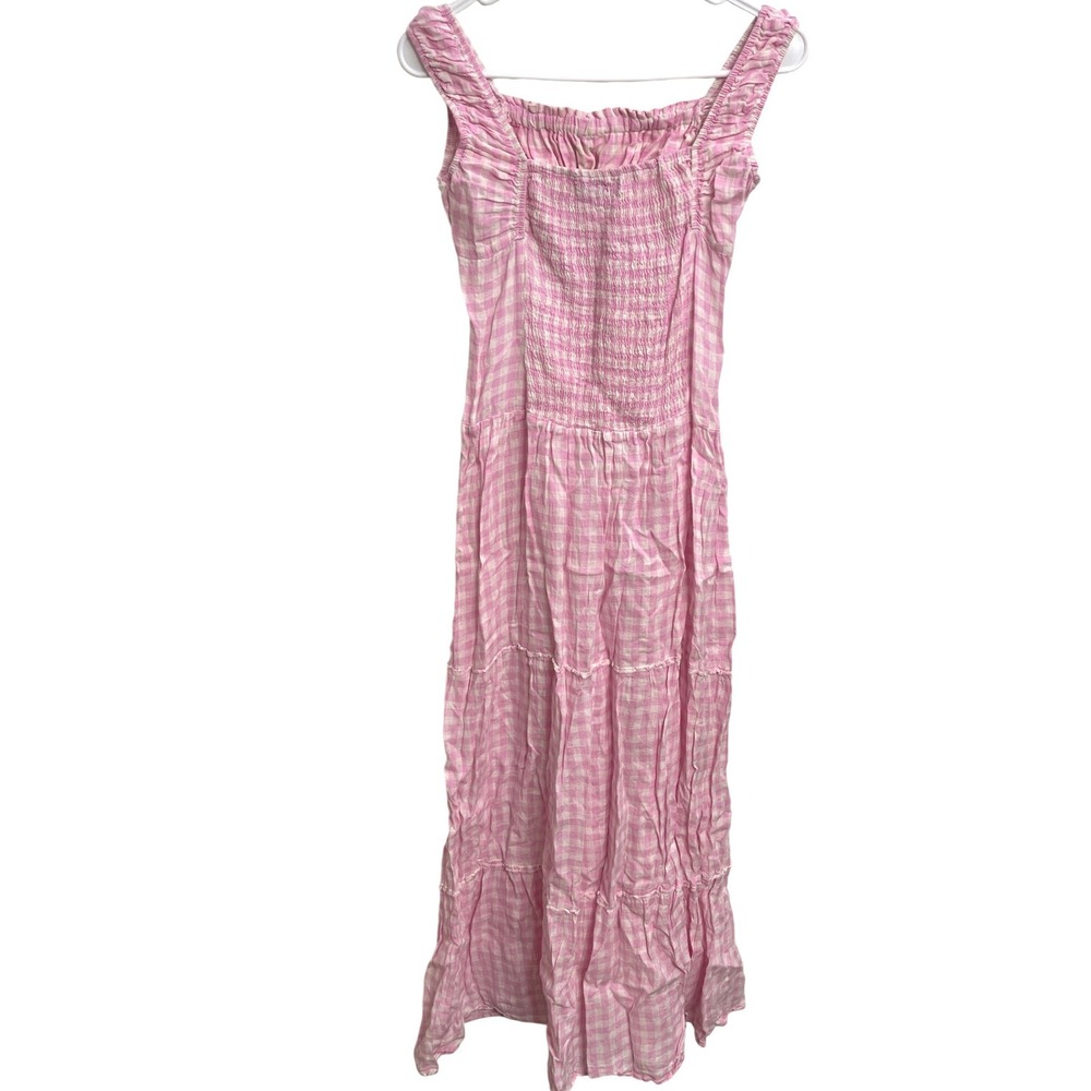 Frankies Bikinis Christabelle 100% Linen Maxi Dress Pink Gingham Cottagecore S - Picture 3 of 6